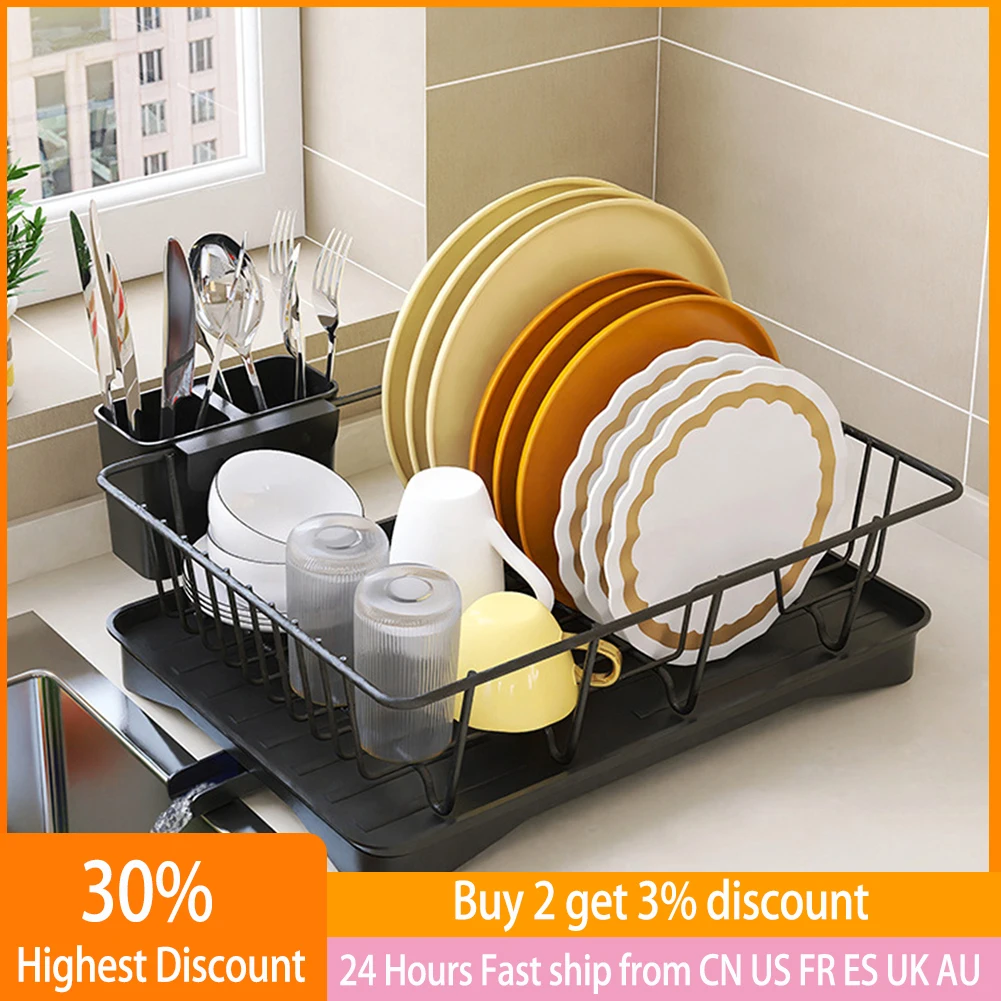 Double-layer Metal Kitchen Dish Bowl Drying Rack with Drainboard
