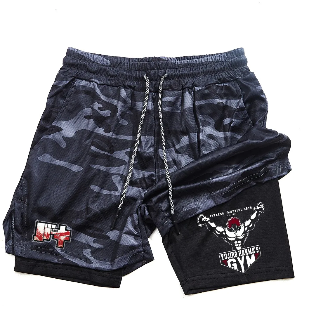 Men's and women's gym shorts, quick drying mesh shorts, animated printed Baki Hanma, sleeves, 2-in-1 2