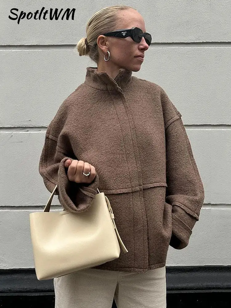 

Women's Casual Solid Woolen Coat 2023 Autumn Stand Collar Loose Thick Jackets Female Fashion Streetwear Warm Chic Outerwear