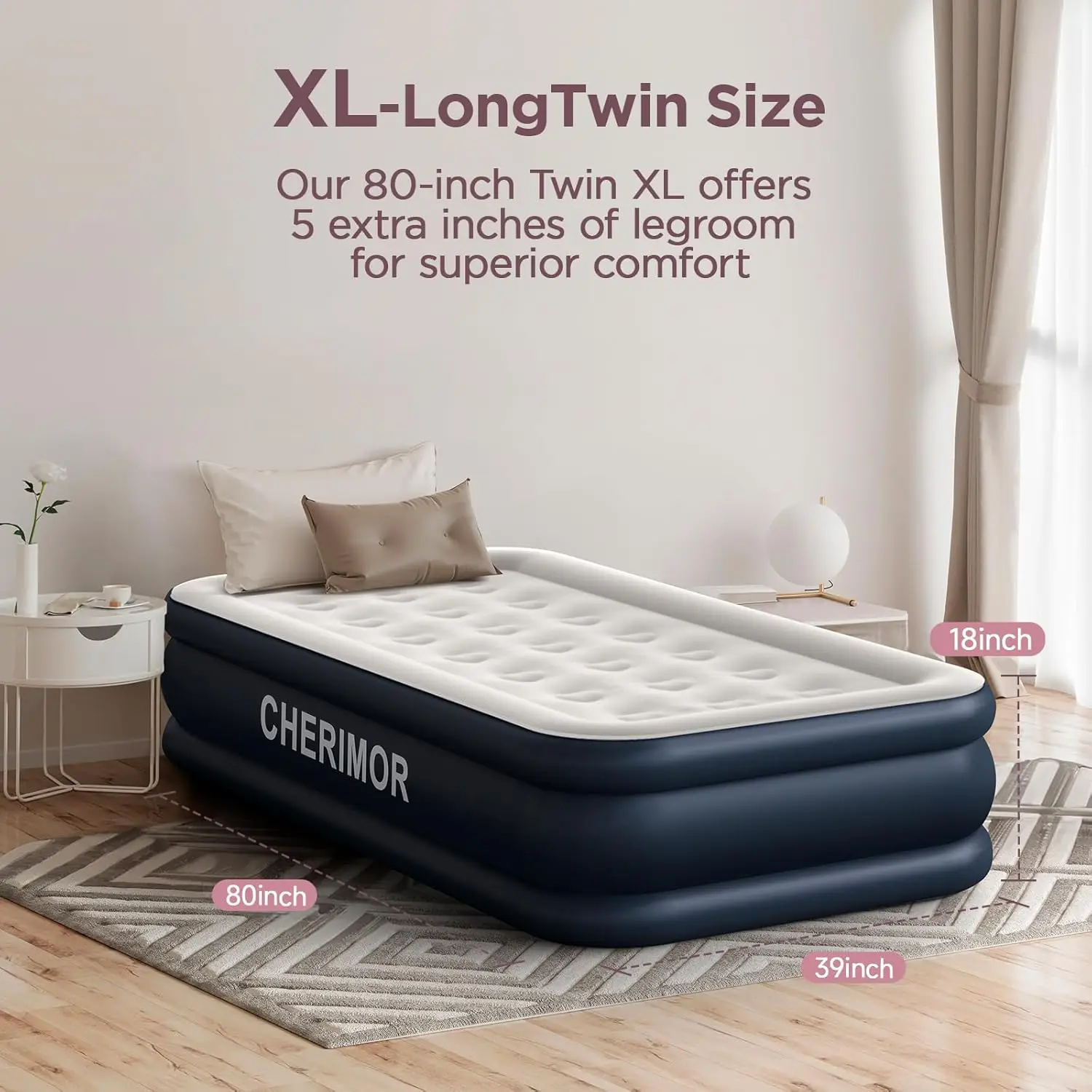 Twin XL Air Mattress with Built-in Pump, 18" Height, 80" Length, Leak-Proof, Supports 500 lbs for Home and Camping