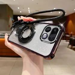 Elegant Shockproof TPU Phone Case with Cute Holder and Hand Strap - Electroplated Design for Realme 16 5G (Black)