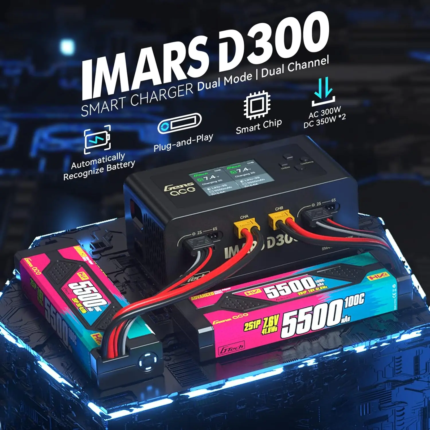 Lipo Battery Charger IMARS D300 G-Tech Series Smart Dual Lipo Charger 16A AC 300W DC 700W Lipo Charger（Black）