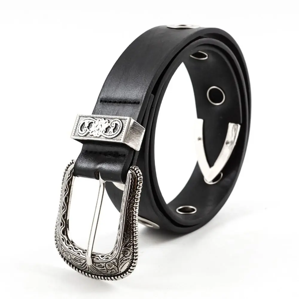 

Alloy Belts Jeans Belt Pin Buckle Hollow Leather Belt Metal Black Belts for Men Women