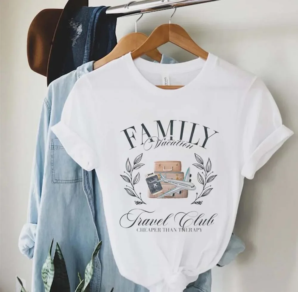 

Family Vacation Printing New Women's T-Shirt Fun Pattern Women's Clothing Printing Casual Cartoon O-Neck Cute Printing T-Shirt.