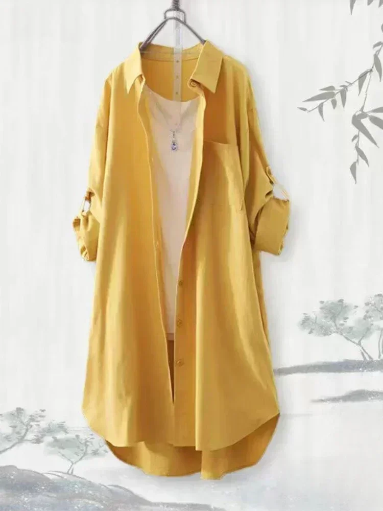 Plus Size Loose Breathable Blouses Midi Shirt Korean Casual Autumn Shirts Women Simple Solid Female Long Sleeved Shirts Best Sellers In Plus Sized Clothing