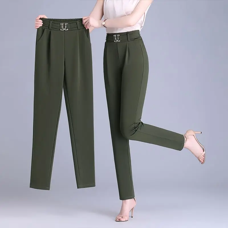 Simplicity Casual Summer Suit Pants Women New Solid Diamonds Pockets Fashion Loose Elastic High Waist Bound Feet Pencil Trousers