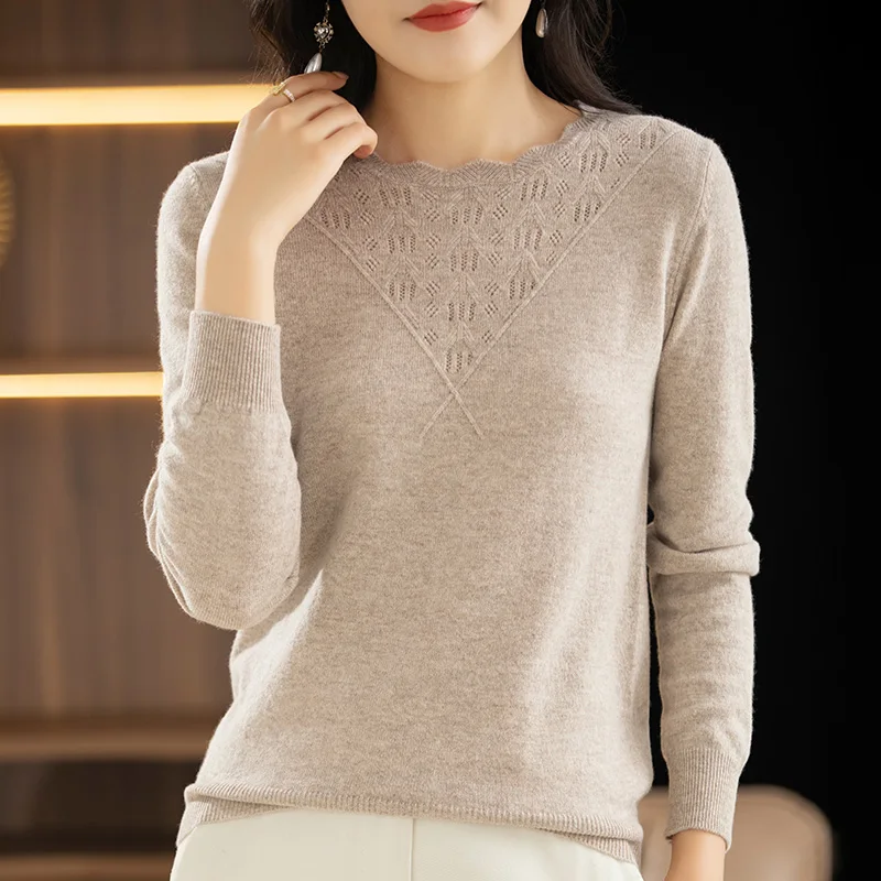 

Spring And Autumn Cashmere Sweater Women's Fashion Sexy Round Neck Women's Knitted Top 100% Pure Wool Long Sleeve Pullover