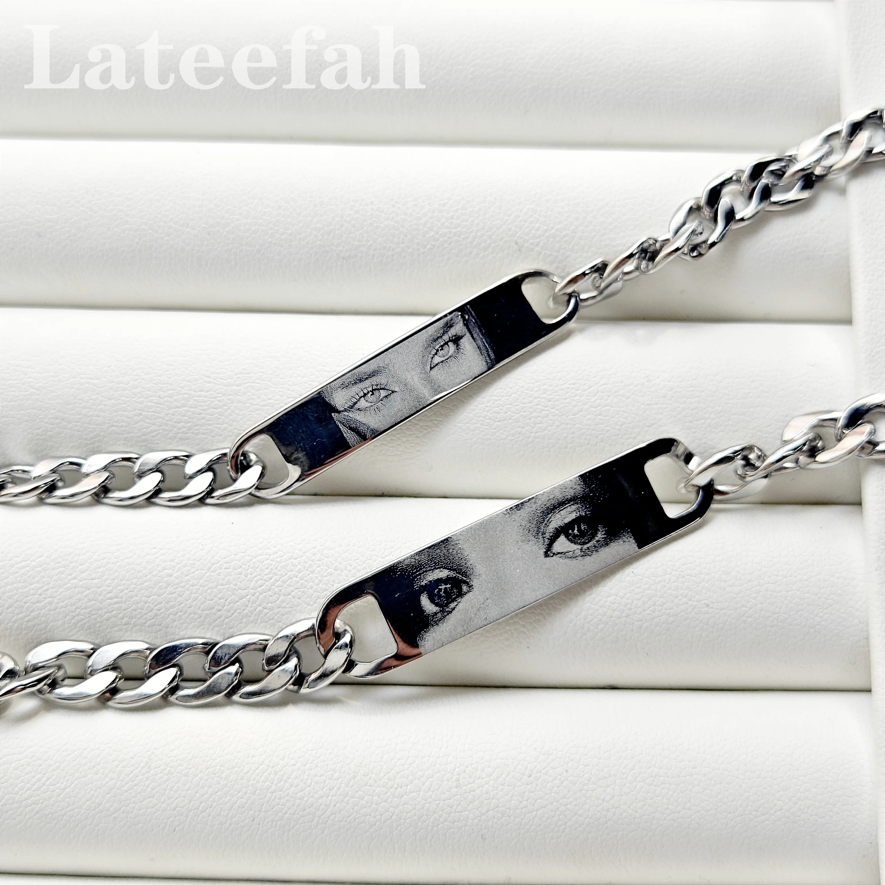 Lateefah Stainless Steel Couple Bracelet Customized Eyes Photos Images Glossy Laser Engraved Unisex Jewelry
