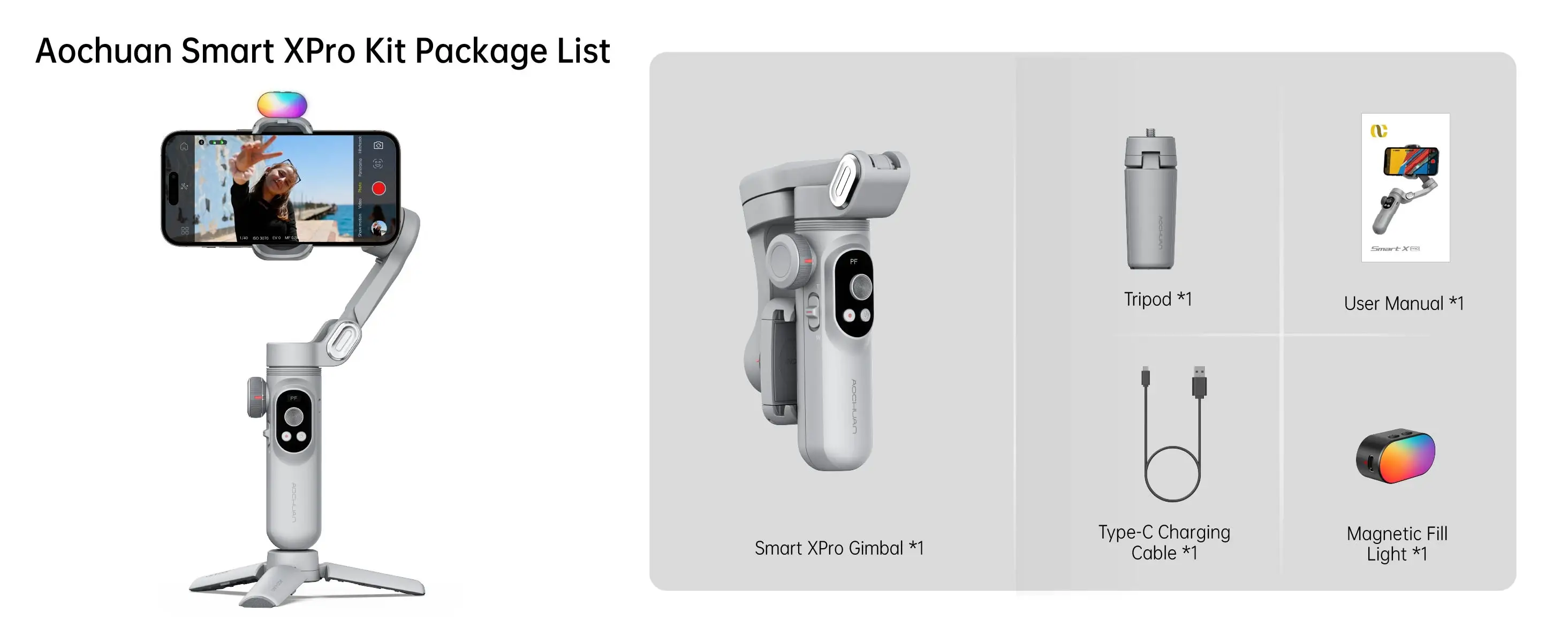 AOCHUAN Smart X Pro 3-Achsen Smart Gimbal Stabilisator Set mit RGB Magnetlicht OLED Display LED Licht Fokus Rad Grau Gimbal – Detail 20
