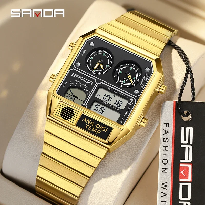 SANDA 3192 LED Electronic Square Watch for Men Hot-selling Casual Multi-function Thermometer Stopwatch Chronograph Mens Watches