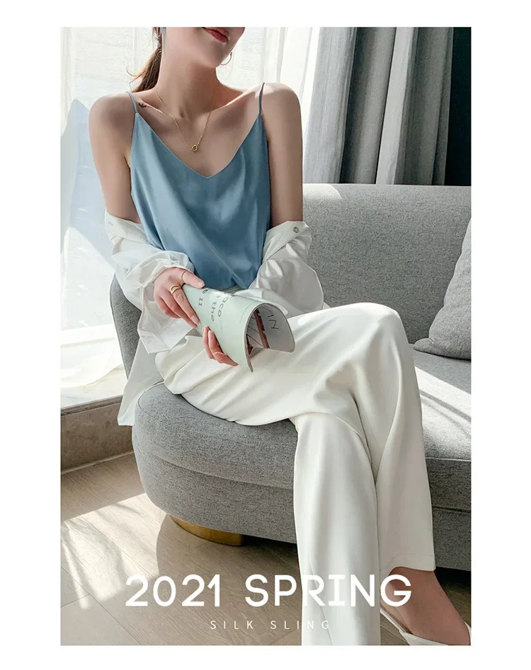 Summer Silk Suspenders Camisole Sling V-neck Loose Bottoming Satin Vest Sexy Crop Top for Women