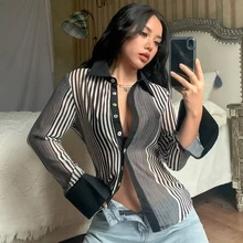 

WeiYao Goth Stripe Chiffon Cardigan Shirts Women See Through Sexy Rave Outfits Single Breasted Contrast Aesthetic Grunge Tops