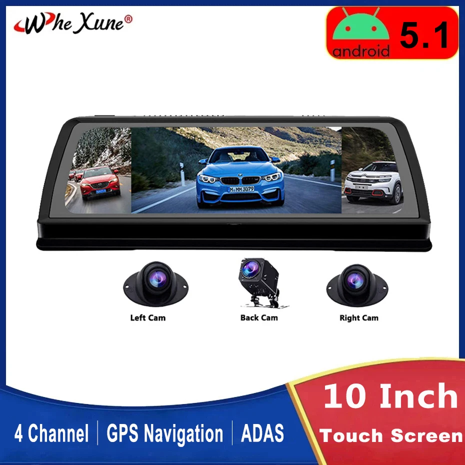 

4G Android 5.1 Car DVR Dash Cam 4 Channel ADAS 10" Center Console Mirror Registrar GPS WiFi Surveillance Camera Video Recorder