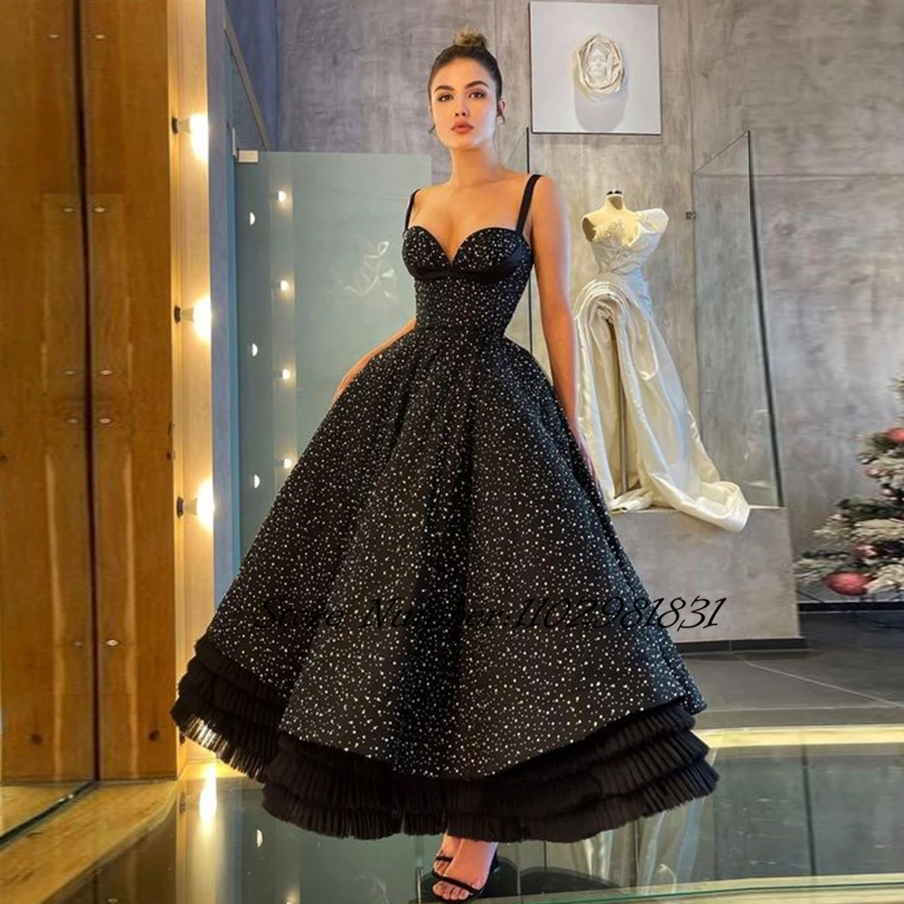 

Elegant Black Evening Dresses For Women Black Dress Ankle Length Evening Dresses Ruffles Prom Dresses A-line Celebrity Dresses