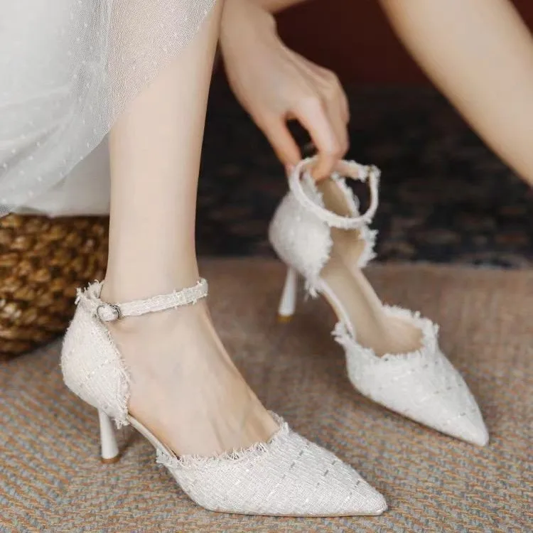 Womens Pumps Simple Basic Wedding Luxury Brand Design String Bead Pearls High Heels Lady Sexy Elegant Pointed Toe Pearl Shoes 5