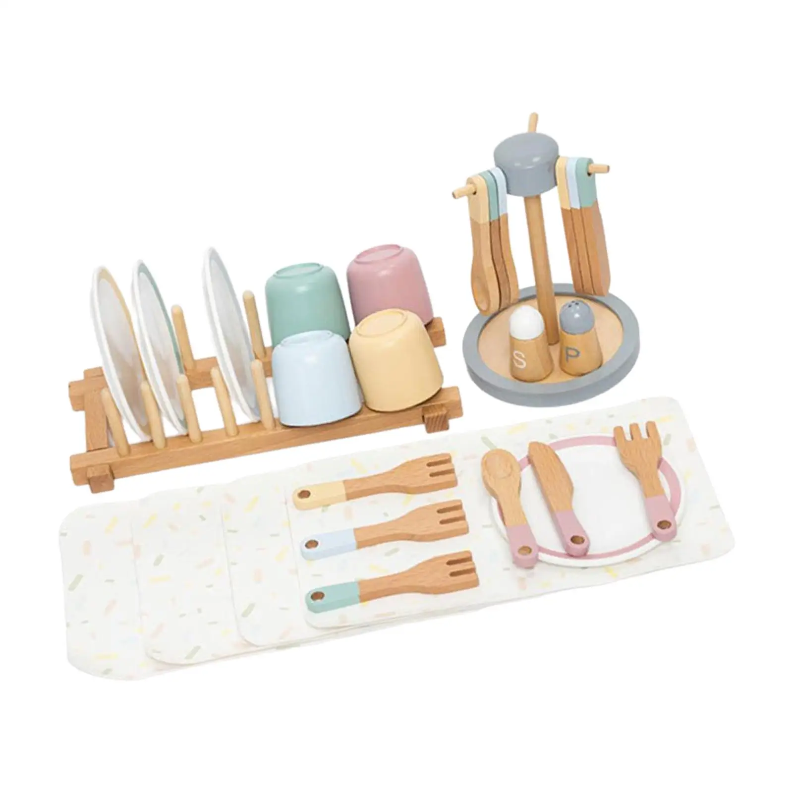 Wooden Toy Plates Dishes Play Cutlery Plate Set Color Matching Cups Wooden Toy Tableware Play Dishes for Kids for Age 3 4 5 6 4