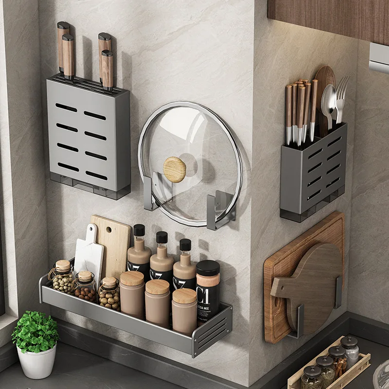 Stainless Steel Gun Ash Kitchen Kitchen Knife Holder Wall-mounted Household Chopsticks Put Knives One Drain Storage Shelf