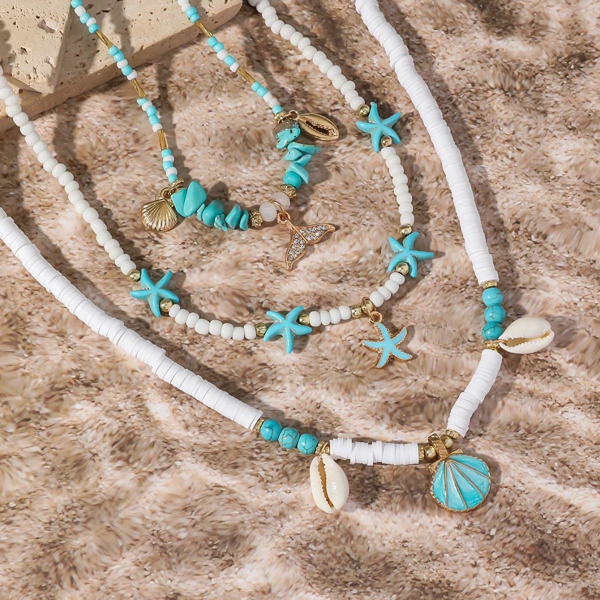 Bohemain Vintage Shell Starfish Multi Layered Necklace for Women Ethnic Handmade Fish Tail Beads Necklace Summer Jewelry Gifts