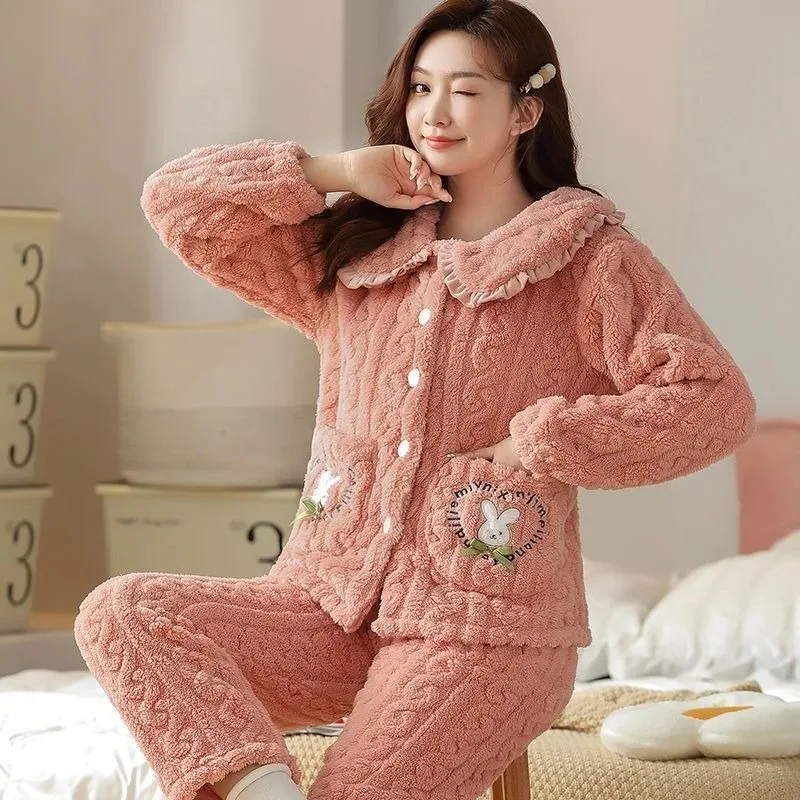 Winter New Female Pajamas Women Coral Fleece Warm Thickened Nightclothes Two Pieces Cartoon Flannel Outwear Casual Homewear Set