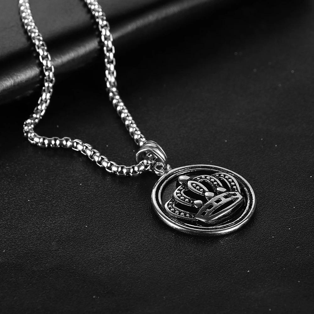 Nabest Vintage Crown Pendant Necklace Men Hip-hop Street Fashion Stainless Steel Necklace Box Chain Gift for Boyfriend