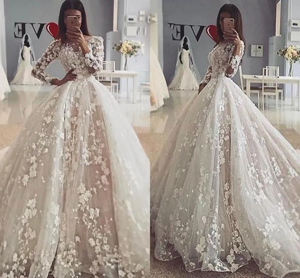 

Beautiful Scoop Neck Lace Appliques Wedding Dresses Vestido Noiva Sweep Train Long Sleeves Country Style Bridal Gowns