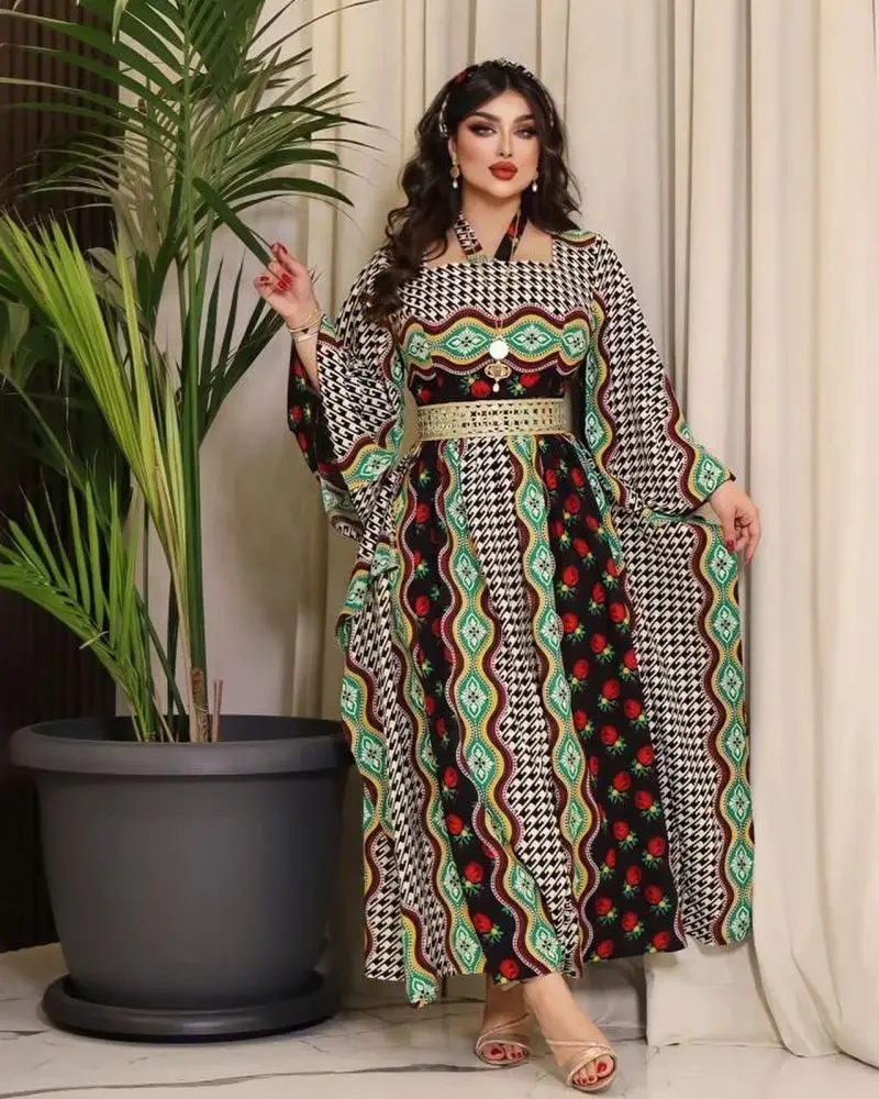 Muslim Middle East Printed Kraftan Robes Vintage Flare Sleeves Halter Elegant Women Dubai Abaya Party Dresses