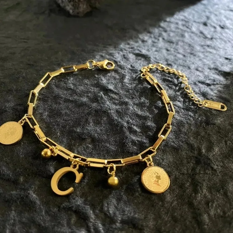 Luxury Stainless Steel Bracelet Golden Queen Coin 26 Letters Pendant Chains Accessories for Women Simple Jewelry Gift