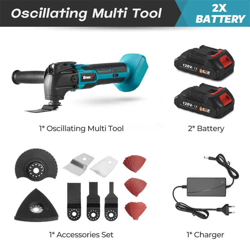 Outil multifonction,Sans fil Brushless oscillant Multi-Tool, Ponceuse,  Cutter, Meuleuse, Scie, Lame 6 vitesses ,Compatible avec la batterie Makita  + 17pcs Accessoires + 2x3.0A Batterie + Chargeur