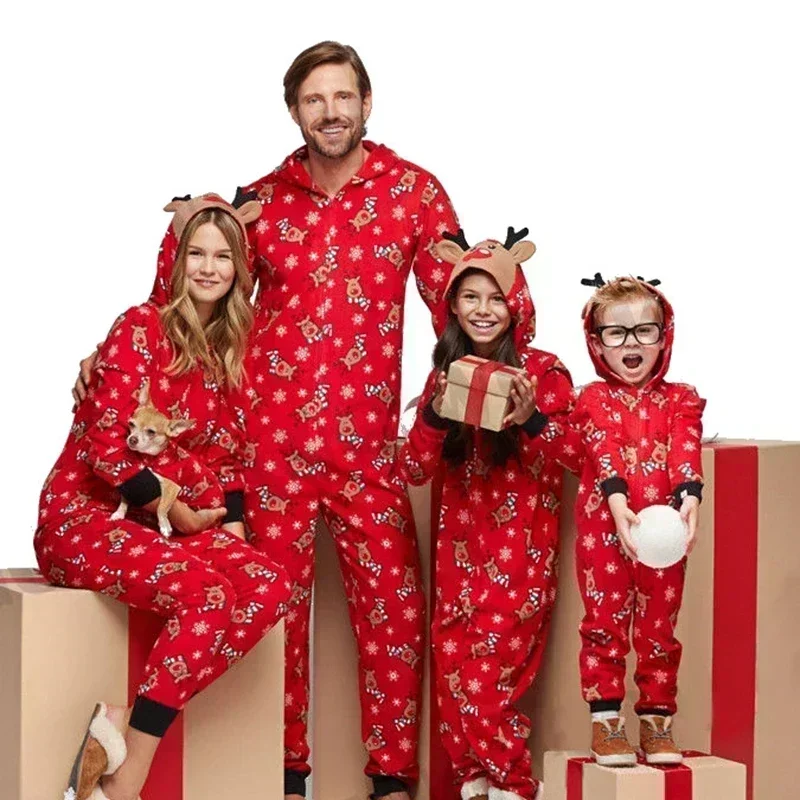 Christmas Matching Outfits for Family Elk Ear Hooded One-Piece Jumpsuit Romper Adults Kids Clothing Set Pajamas Xmas Look Pyjama 2