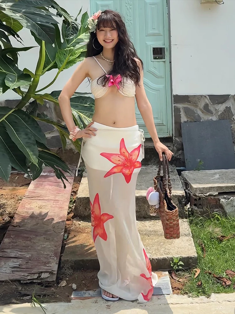 Nibber Beach Party 2-Piece Set Women Halter 3d Flowers Folds Bra+Flower Print Mesh Lace-Up Skirts Matching Summer Trend Suit