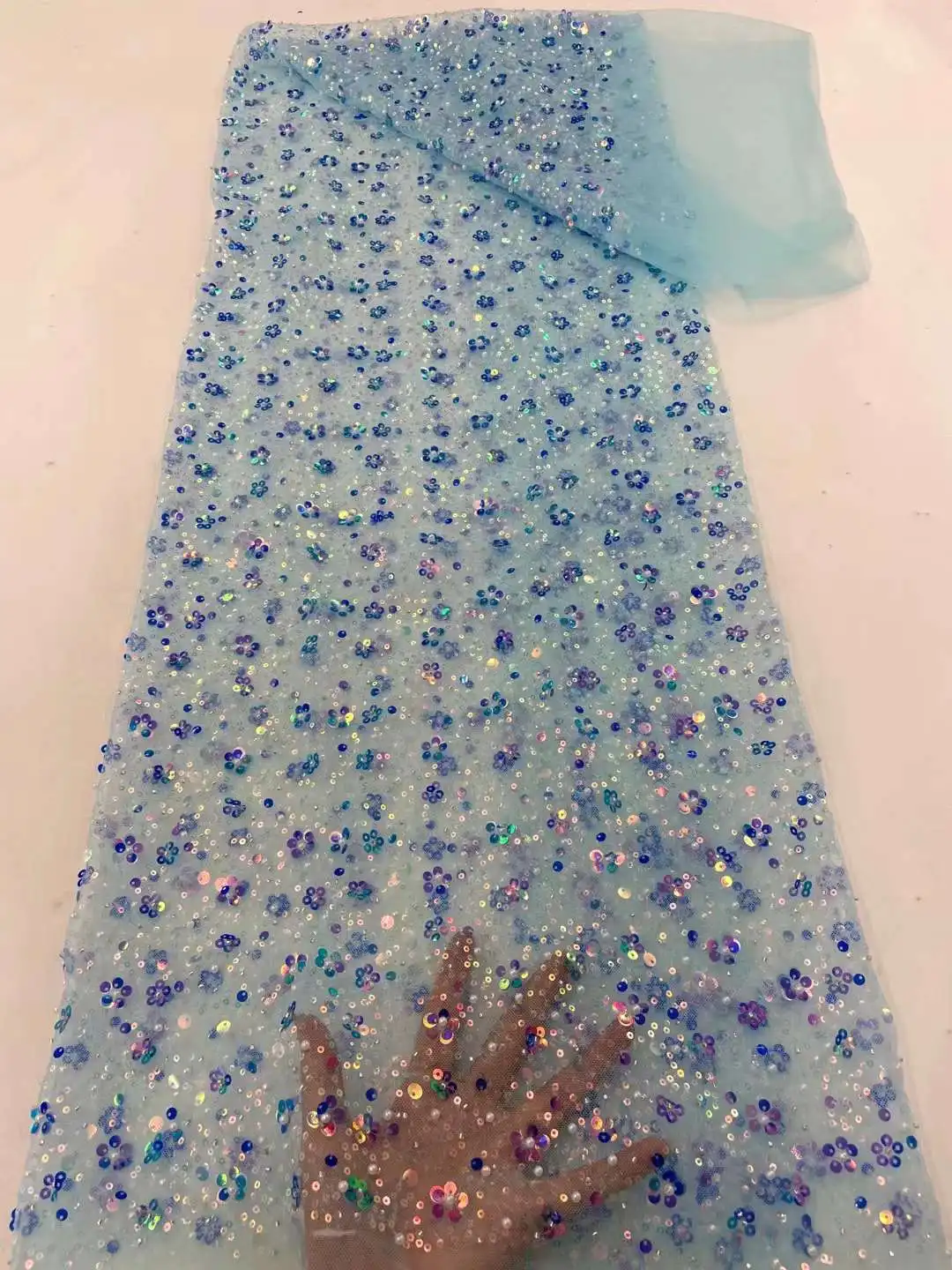

Sky blue Nigerian Tulle Lace Fabrics With Beads High Quality Luxury African Sequins French Tulle Lace For Party WS7780V
