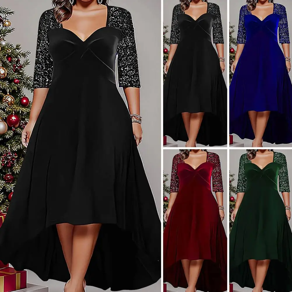 

Autumn Winter Dress Elegant Plus Size Sequin Patchwork Maxi Dress for Women Prom Party with Low-cut V Neck A-line Big Hem Half