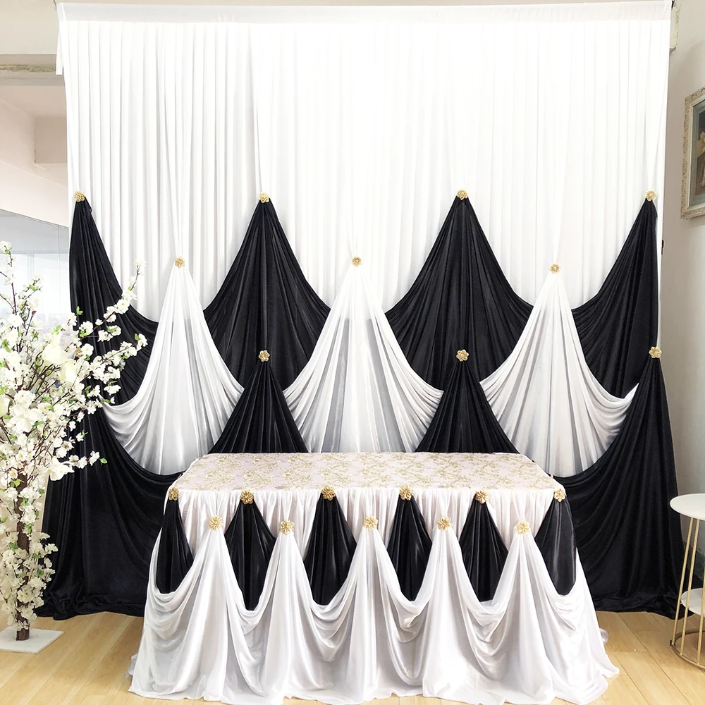 

Ice Silk White Black Backdrop Table Skirt With Luxury Brooch For Wedding Decoration