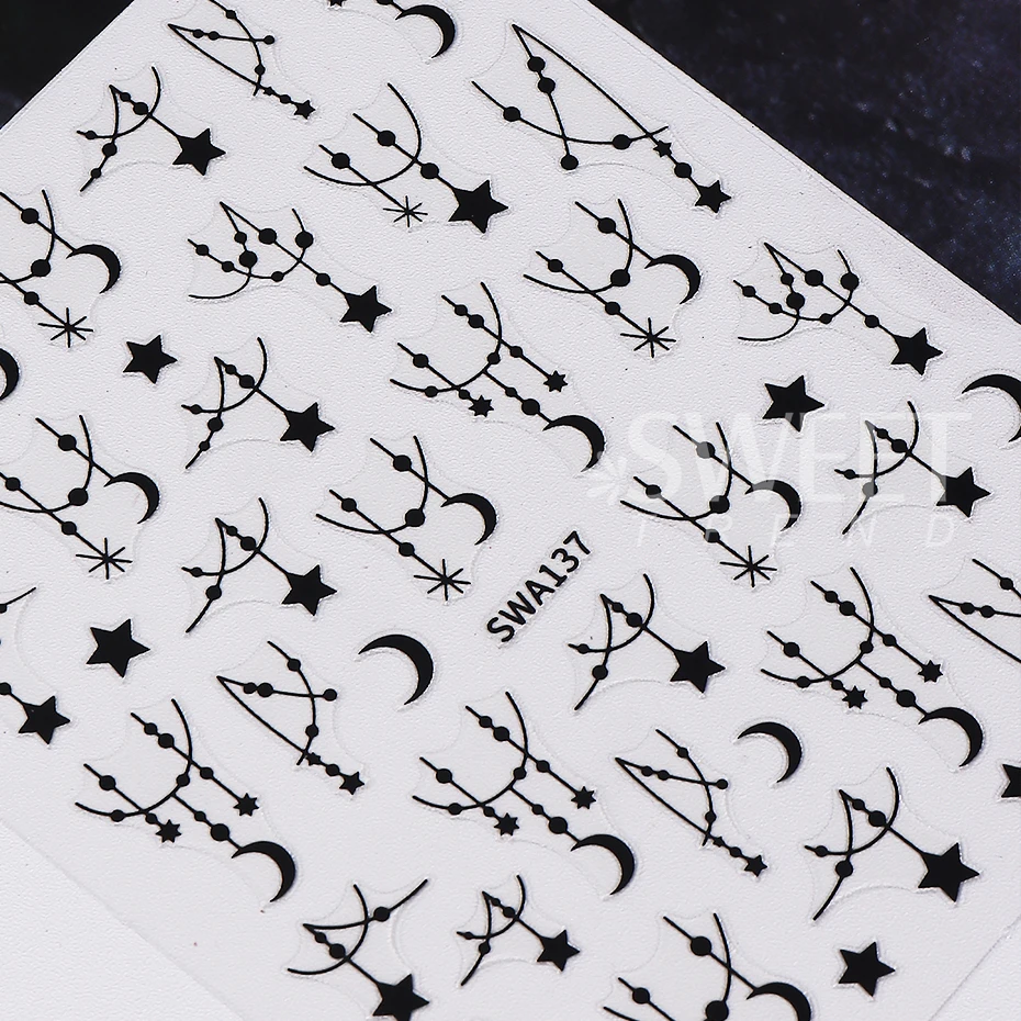 2pcs Bohemian Style Nail Stickers Silver Black Star Moon Chain Stripe Self-adhesive Nail Decals DIY Manicure Slider Decoration