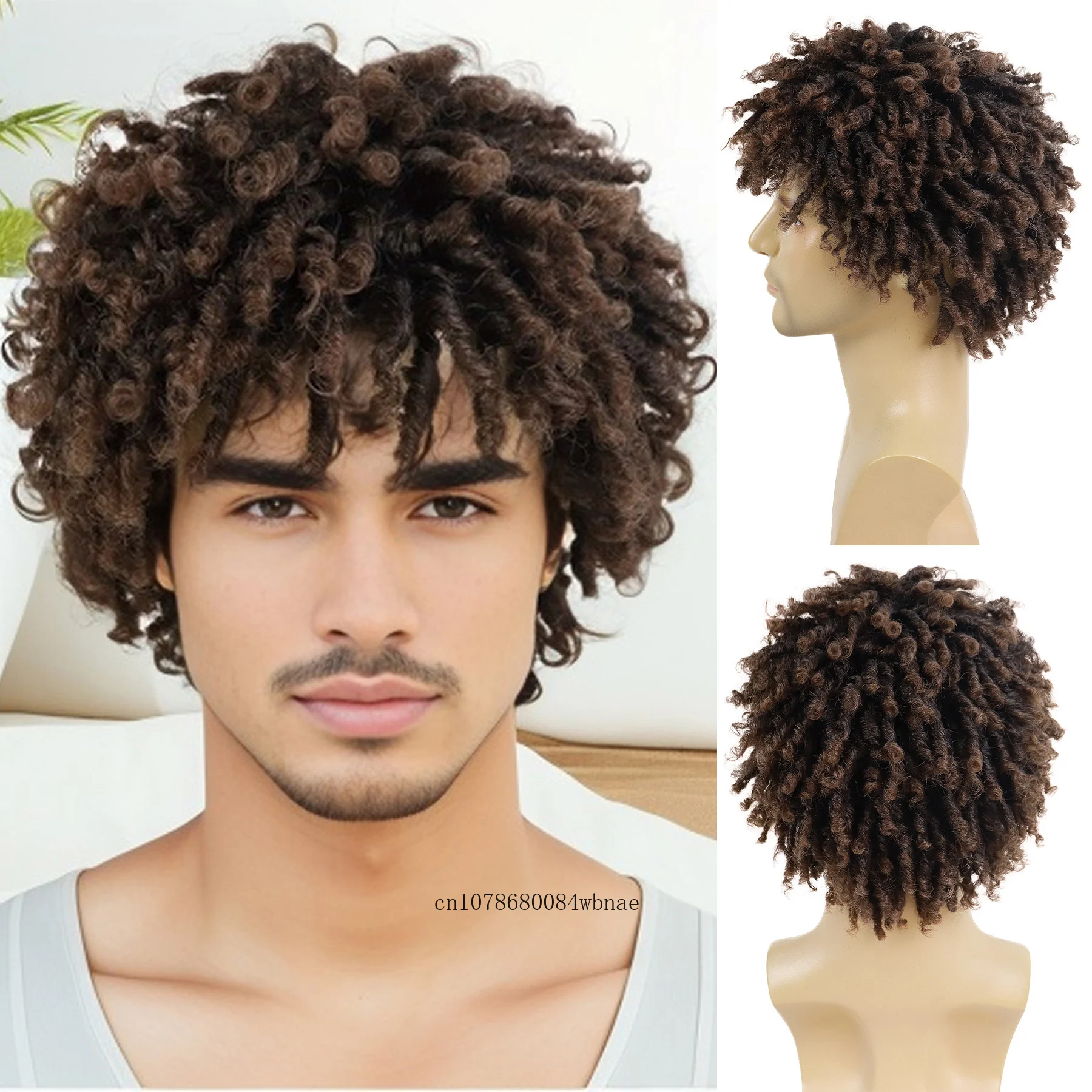Mens Cool Wigs Synthetic Hair Ombre Brown Locs Crochet Twist Braided Wig with Bangs Boys Male Dreadlocks Wig Daily Party Cosplay
