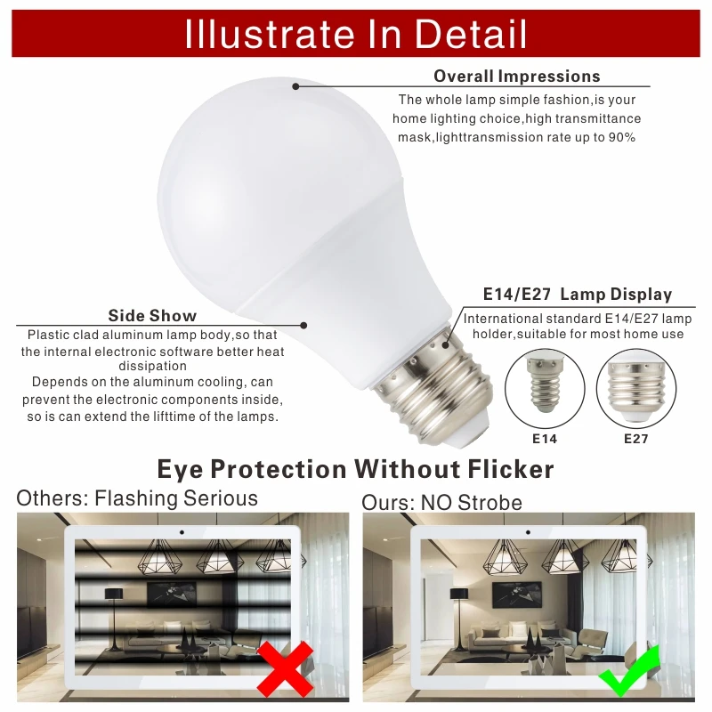 LED 전구 E27 E14 20W 18W 15W 12W 9W 6W 3W Lampada LED 조명, AC 220V 봄빌라 스포트라이트 조명, 차갑고 따뜻한 흰색 램프