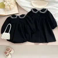 2024 Sister Clothes Spring New Korean Baby Girl's Dresses One Piece Clothes Black Baby Newborns Rompers Long-Sleeved Jumpsuits 3