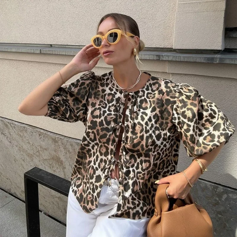 Camisetas con estampado de leopardo para mujer, blusas informales de manga corta con contraste, con cordones, ajustadas, estilo Y2k, camisetas de otoño tipo vendaje
