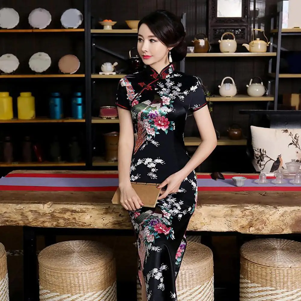 Chinese Style Qipao Satin Cheongsam Floral Embroidery Classic Wedding Evening Party Dress High Split Silky Plant Lady Dress chinese dress
