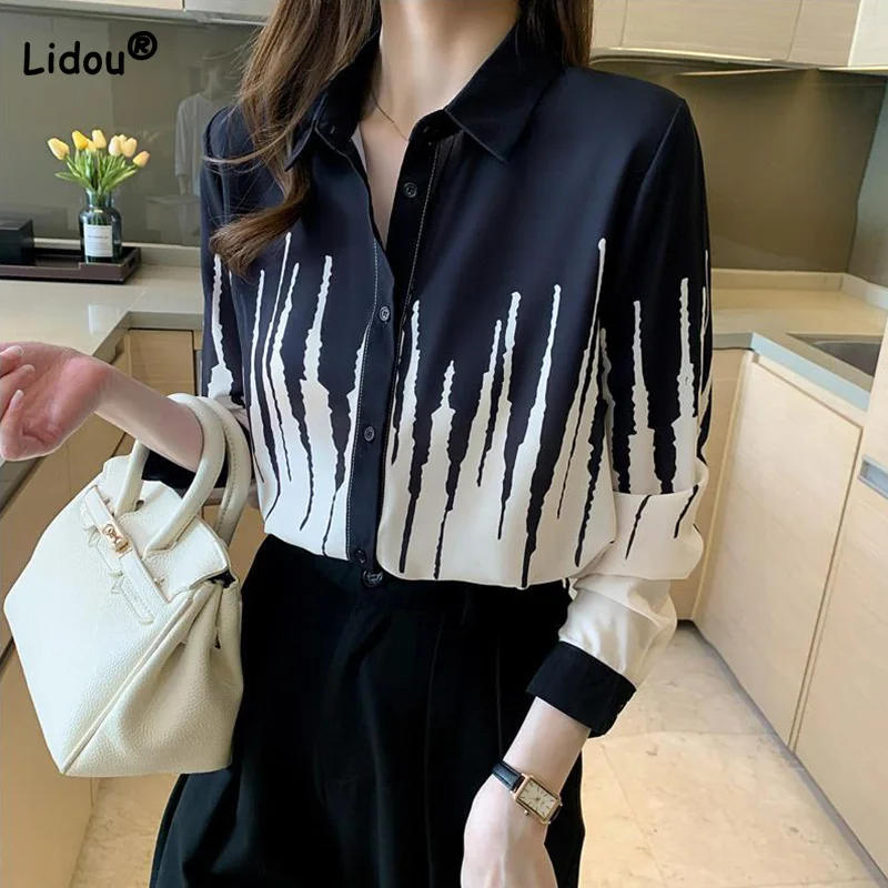 

Temperament Spring Autumn Women Clothing Chiffon Single Breasted Shirt Korean Turn-down Collar Tie Dye Long Sleeve Loose Blouse