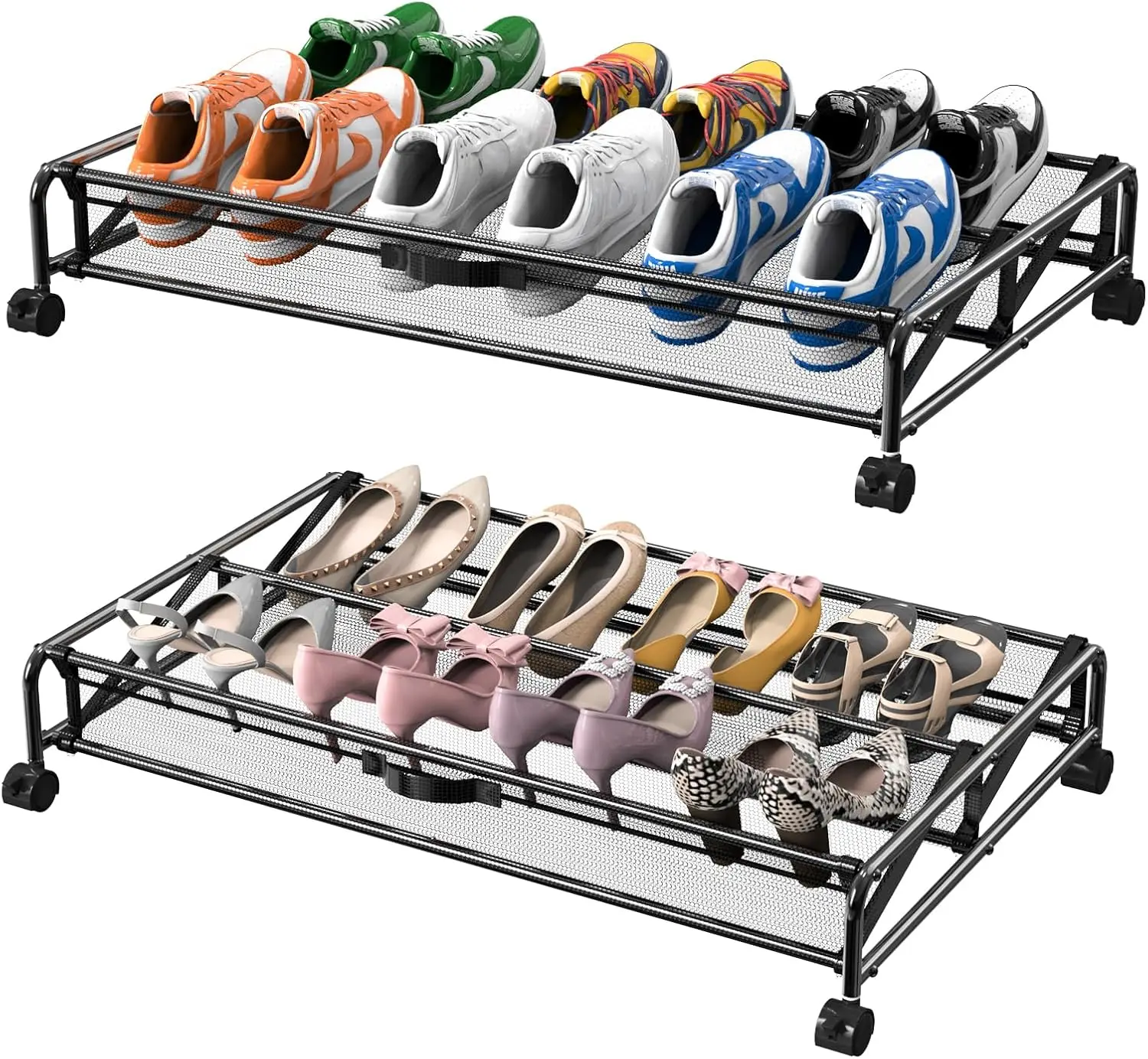 Under Bed Shoe Storage with Wheels, 2 Pack Rolling Under Bed Storage Containers for Shoes Metal Shoe Rack Organizer