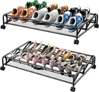 Under Bed Shoe Storage with Wheels, 2 Pack Rolling Under Bed Storage Containers for Shoes Metal Shoe Rack Organizer 2