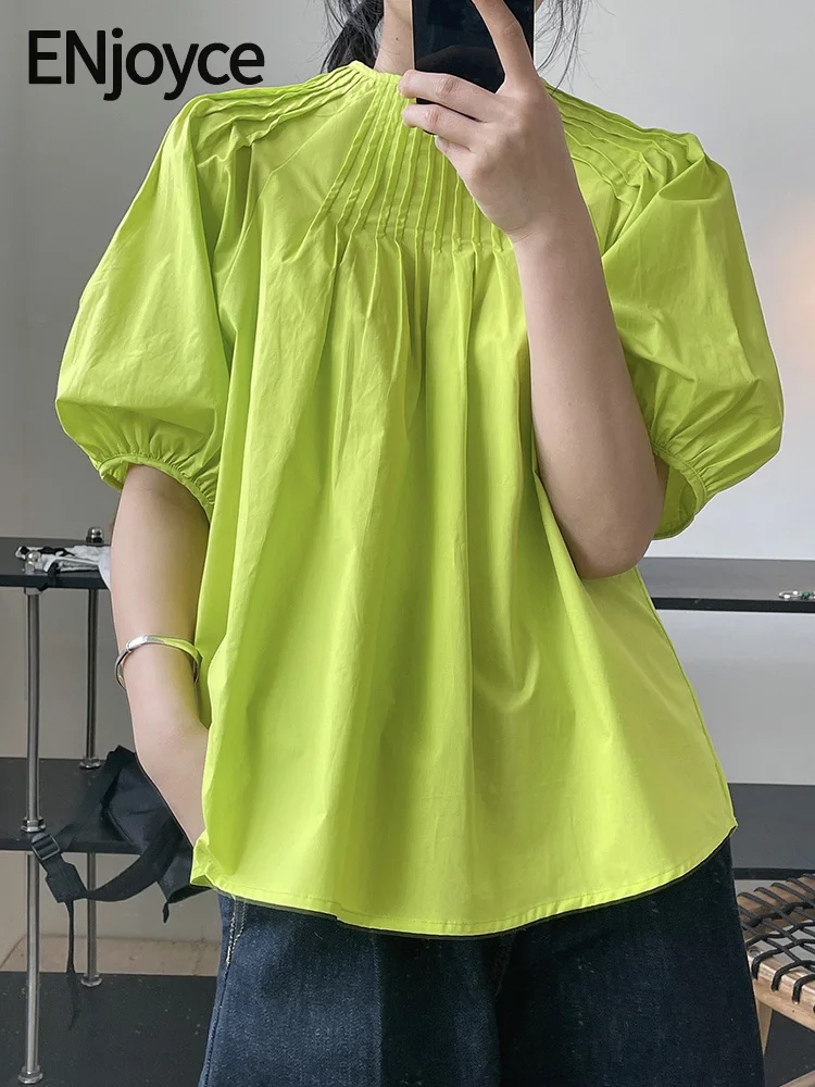 

ENjoyce Summer Women Fashion Green Sweet Loose Blouse T-shirt Korean Fashion Bubble Sleeve T Shirt Ladies Thin Tee Cropped Tops
