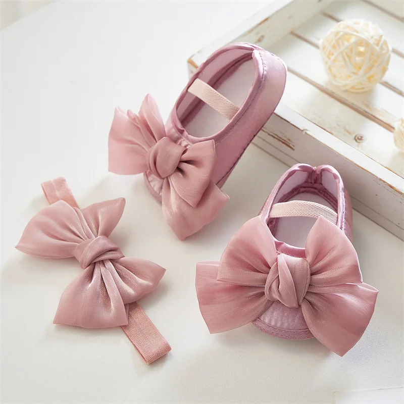 Baby Girls Baptism Shoes and Headband Sets Bog Bowknot Flats Infant Crib Shoes Newborn Casual Princess Shoes 3