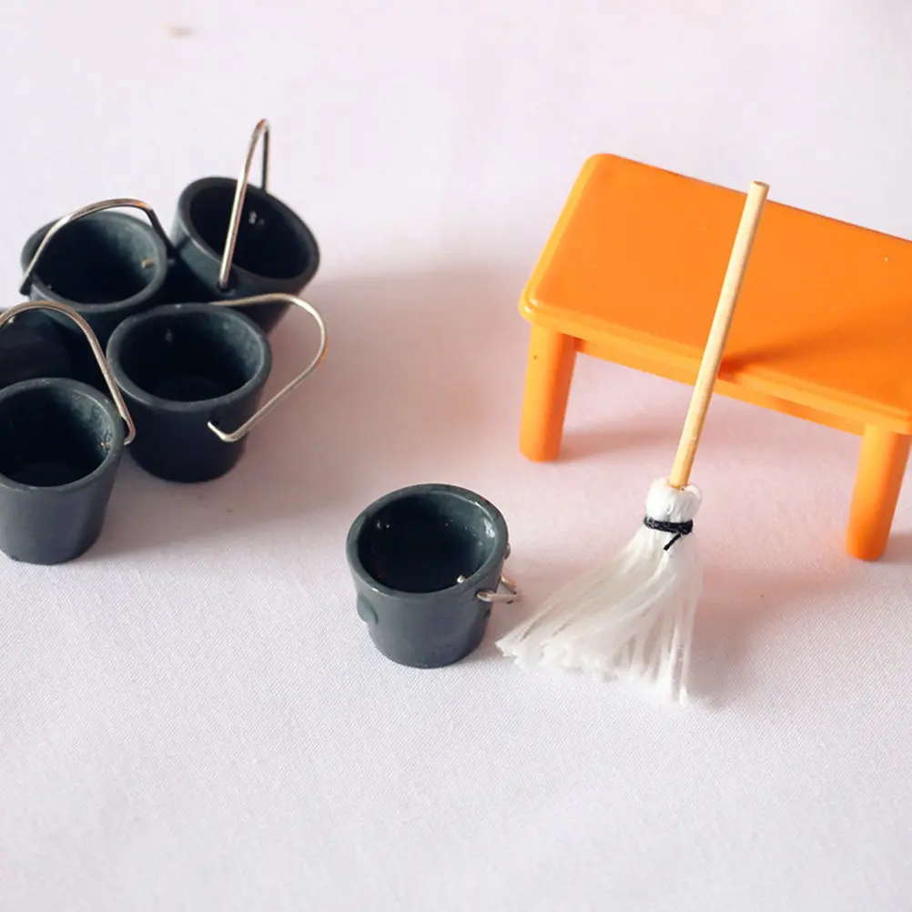 5세트 미니 버킷 걸레 세트, 사실적인 소형 주택 가구 액세서리, 미니어처 풍경 장식, 사진 소품, 청소용품