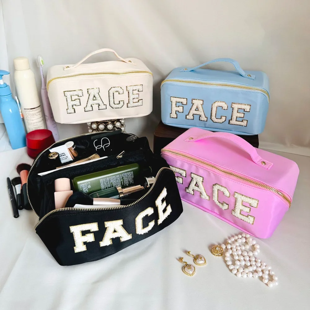 Vegan Nylon Makeup Bags Women Personalization Sewn on Patches Cosmetic Bag Female Fashion Large Capacity Travel Toiletries Pouch 6pcs large capacity luggage storage bags set waterproof suitcase packing cube clothes underwear cosmetic toiletries organizer