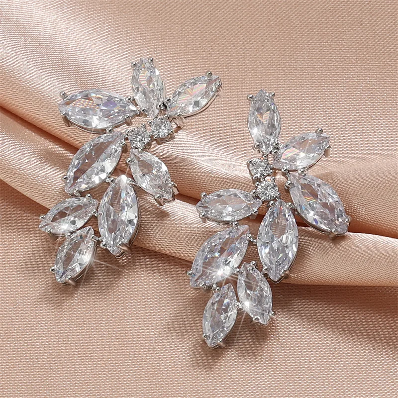 Leaf Marquise Zircon Bridal Earrings for Women White Shiny Crystal Elegant Wedding Party Jewelry Crystal Earrings