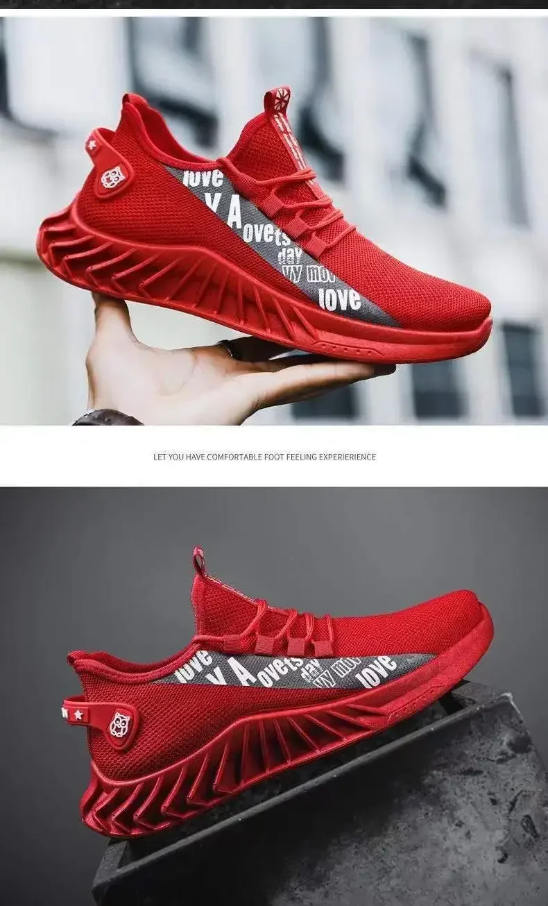 A stylish pair of lightweight, breathable men’s sneakers with a mesh design red