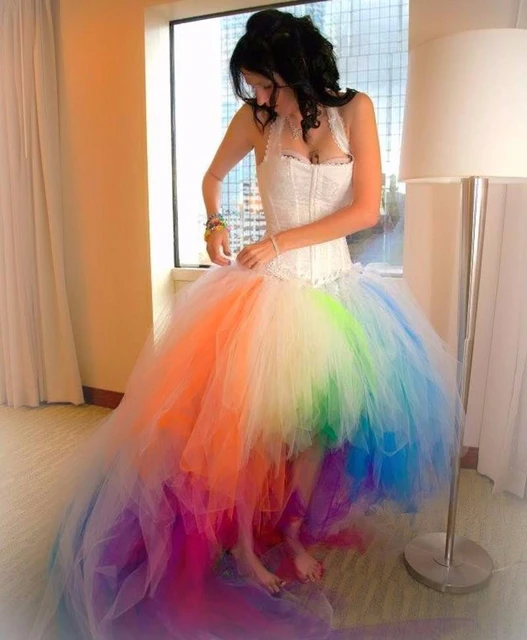 Corset wedding dress in black, white, and colors of the rainbow.