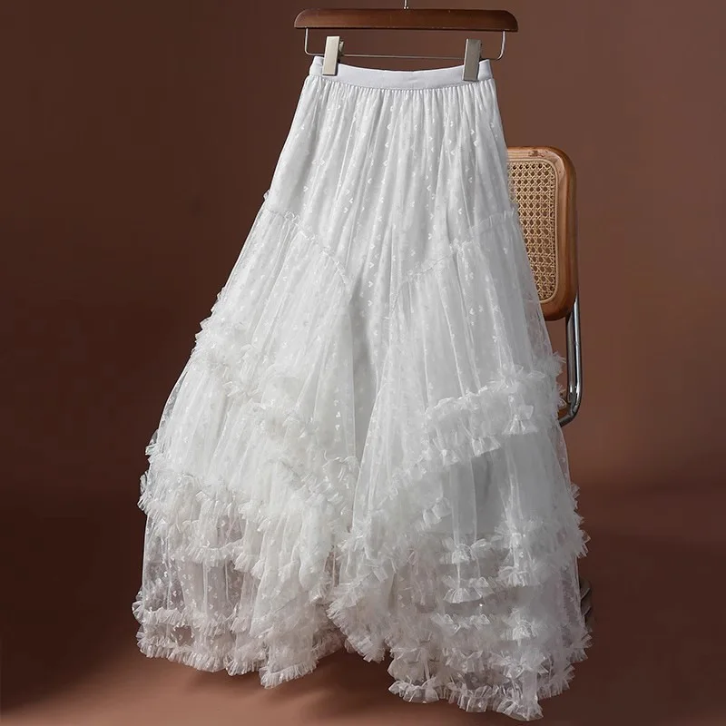 Boho Queens Women Irregular Hem High Waist Pleated embroidery Maxi Skirt Fashion Mesh Loose Puffy Skirt Fairy Cake Skirts